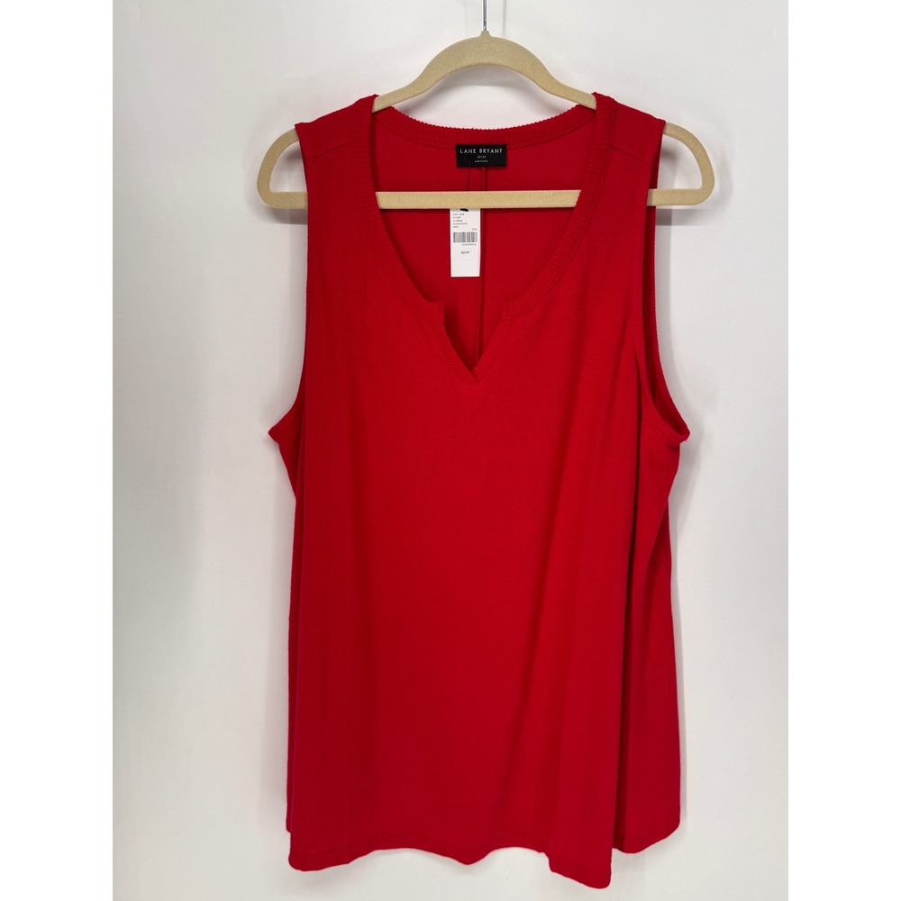 Lane Bryant Sleeveless Top Women 22/24 Red NWT Notched V-Neck Ribbed Trim